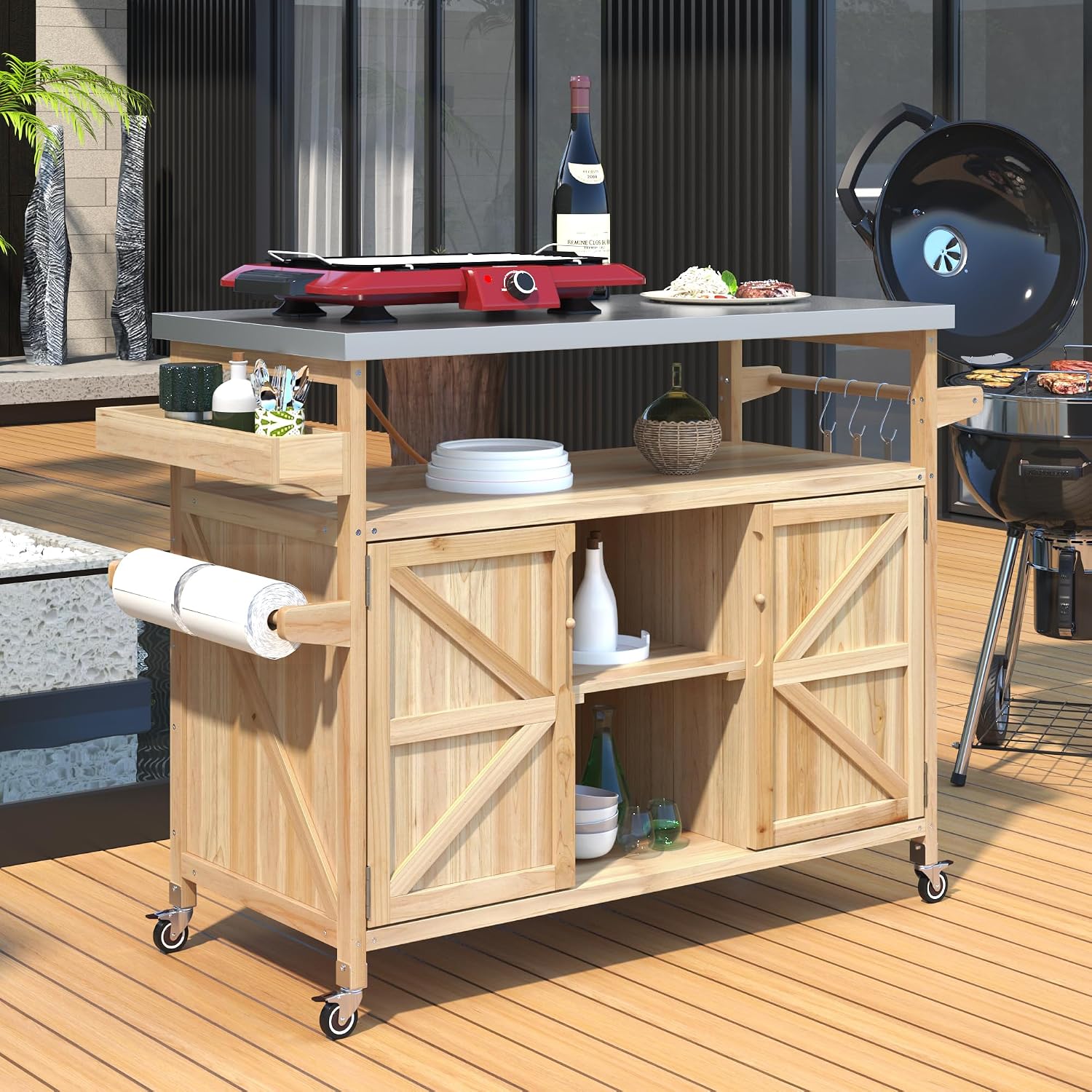 Outdoor Kitchen Island Rolling Bar Cart & Storage Cabinet Farmhouse Solid Wood Outdoor Grill Table with Stainless Steel Top, Spice Rack, Towel Rack for Dining Room Kitchens Barbecue Natural