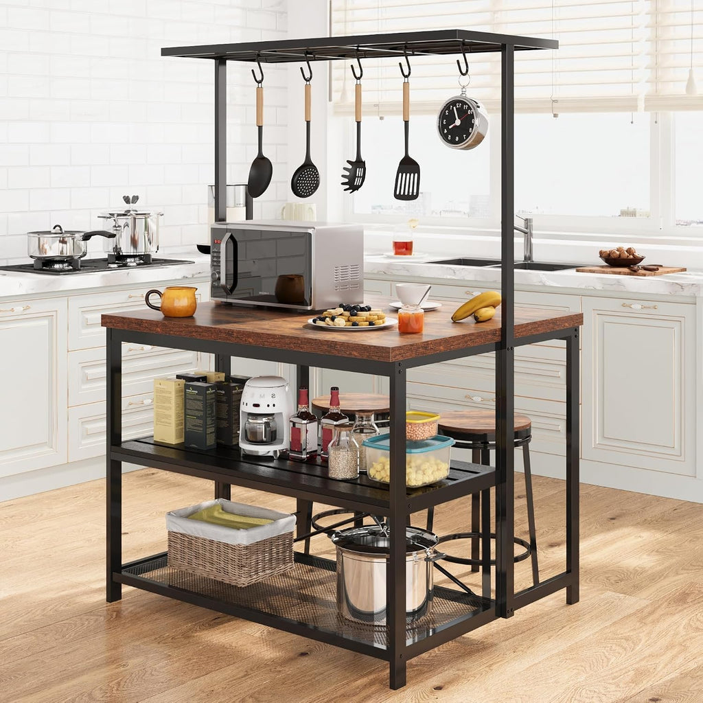 IDEALHOUSE 47' Natural Wood Finish Kitchen Island with Power Outlets, Baker's Rack, and Microwave Stand - Multi-Functional Island Table for Kitchen, Dining, and Living Room