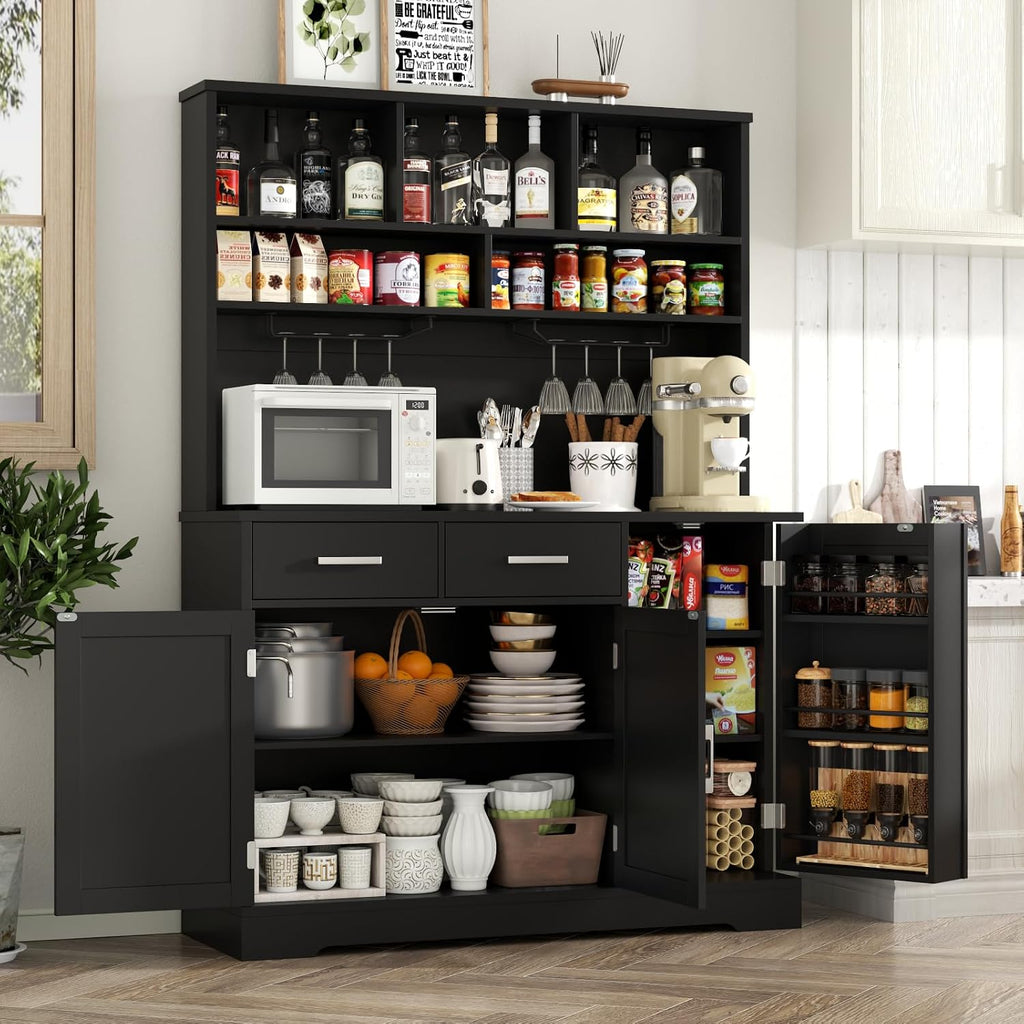 Tall Pantry Cabinet, Modern Kitchen Hutch with Microwave Stand, Kitchen Pantry Storage Cabinet with 2 Darwers & Door Shelf, Food Pantry with Goblet Holders & Adjustable Shelves for Dining Room, Black