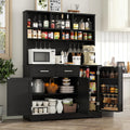 Tall Pantry Cabinet, Modern Kitchen Hutch with Microwave Stand, Kitchen Pantry Storage Cabinet with 2 Darwers & Door Shelf, Food Pantry with Goblet Holders & Adjustable Shelves for Dining Room, Black