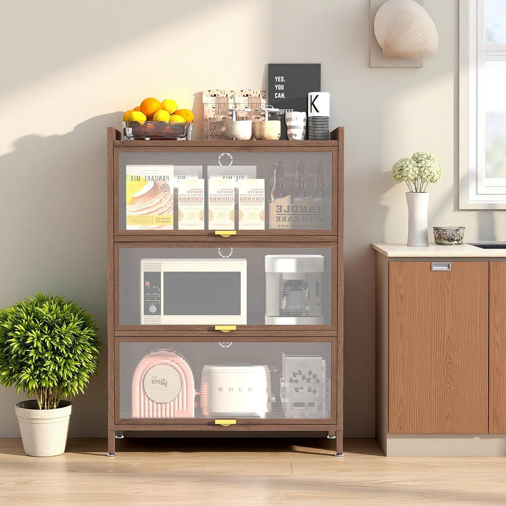4-Tier Kitchen Pantry Cabinet with Microwave Shelf & Flip-Up Doors - Modern Freestanding Storage Cupboard with Adjustable Shelves & Fluted Glass Doors, Brown Buffet for Kitchen/Dining/Living Room