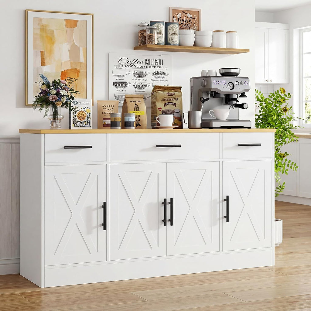 Vongrasig Buffet Cabinet with Storage, Farmhouse Coffee Bar Cabinet with Drawers, 53' Large Modern Sideboard Buffet with Adjustable Shelves for Kitchen, Dining Room, White