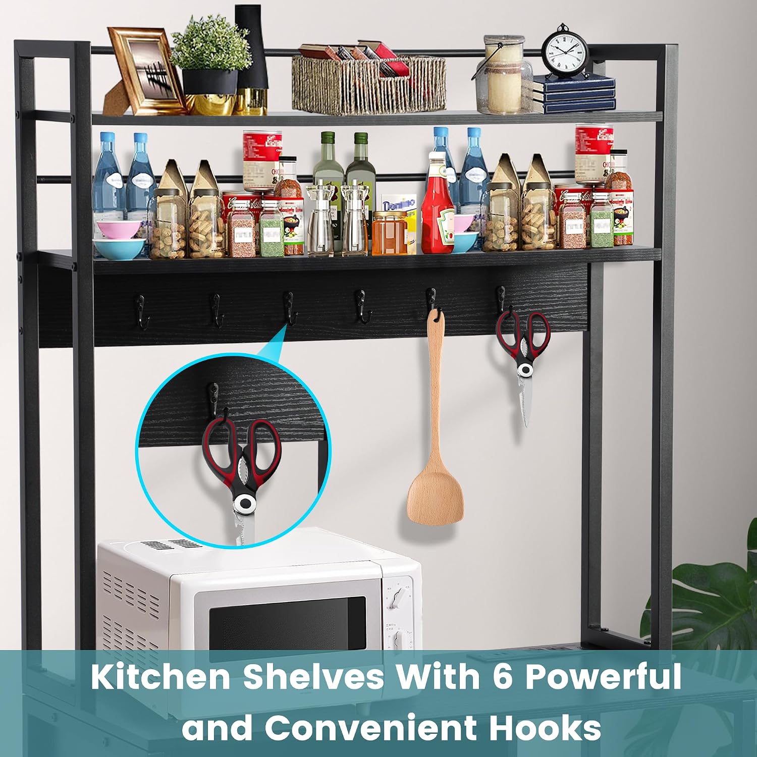 Kitchen Bakers Rack with Power Outlets, Microwave Oven Organizer with Tilt Out Trash Can Cabinet Storage Shelf 6 Tiers Coffee Bar Station Stand, Freestanding Rack with 6 Hooks for Sink Bathroom