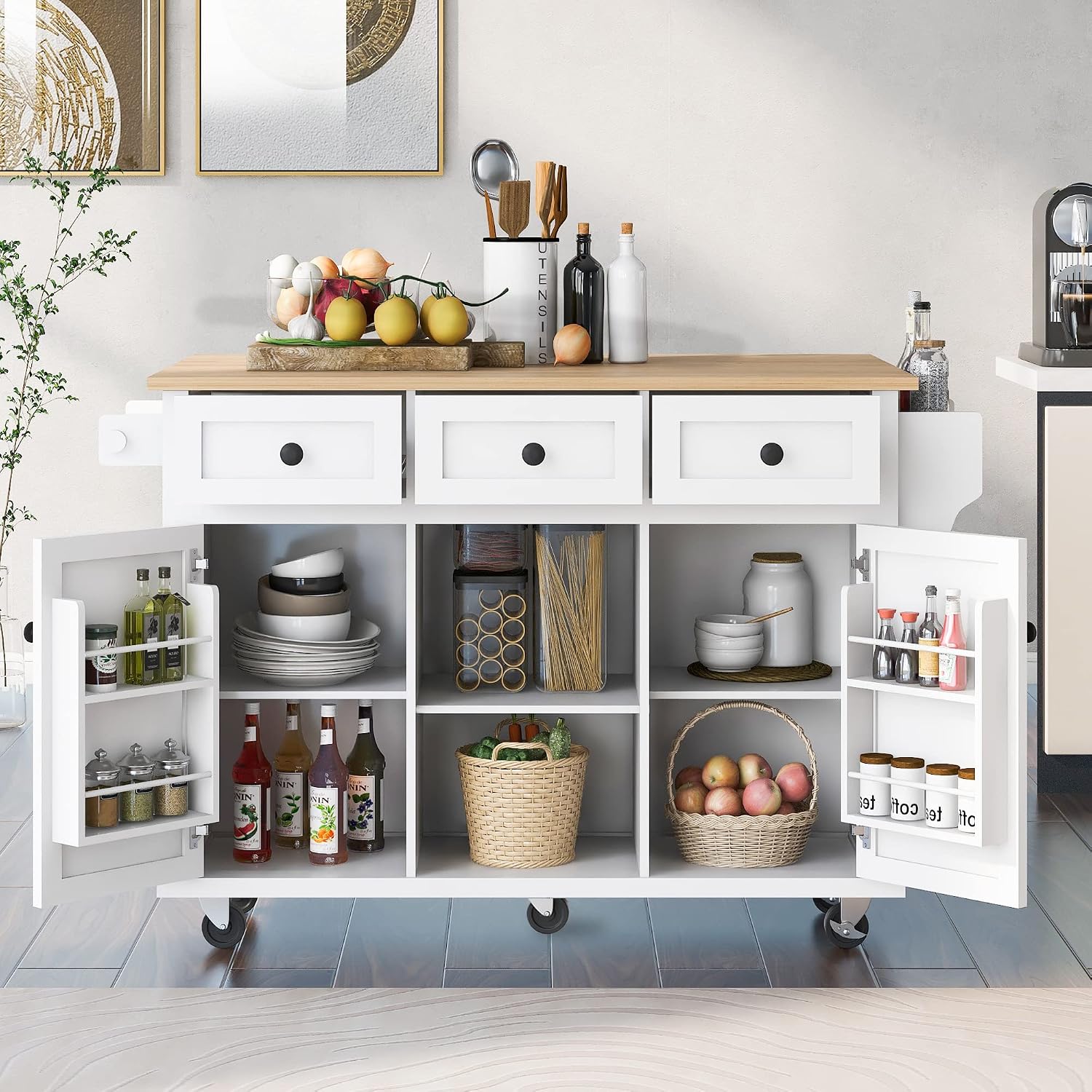 Modern Kitchen Island on 5 Wheels with Storage Cabinet and Drop-Leaf Countertop, Kitchen Cart with Cabinet Door Internal Storage Racks and 3 Drawers for Dinning Room (White#M)