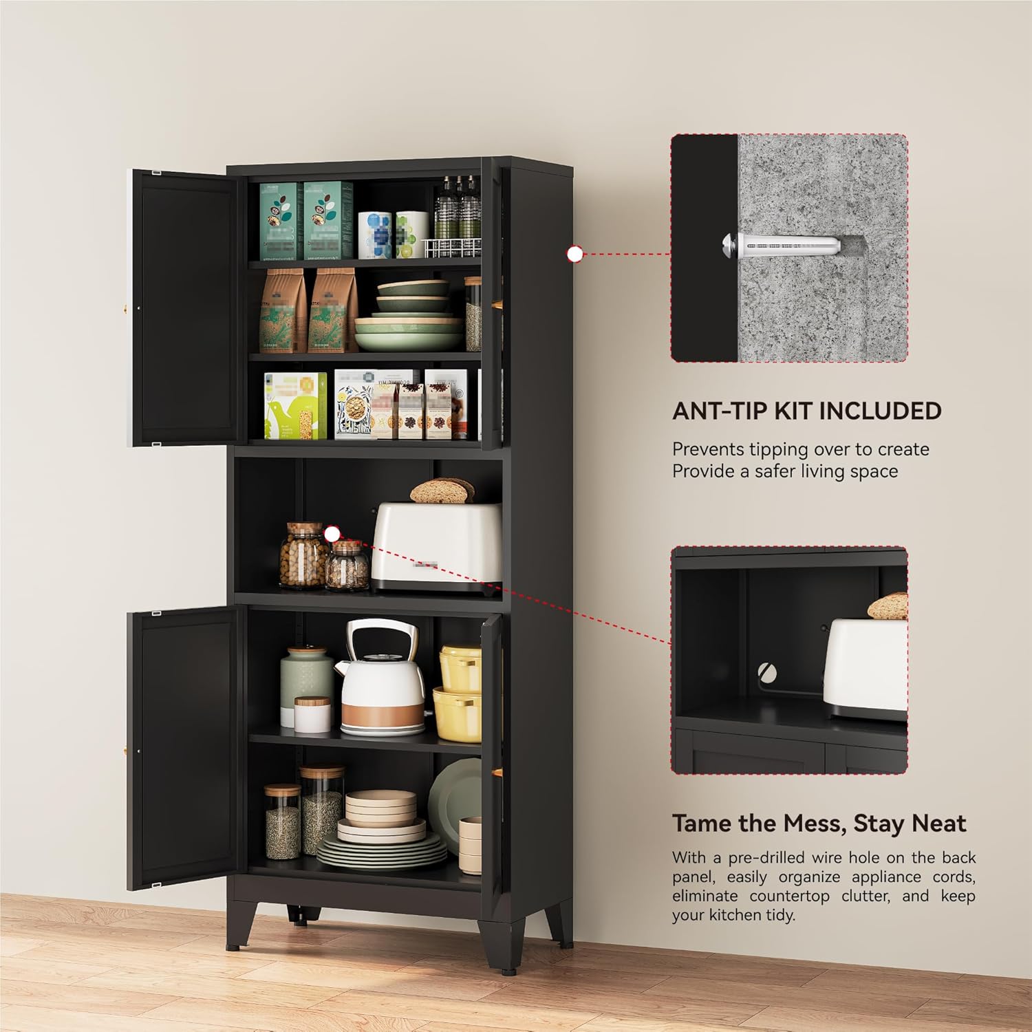YAUWOH 69' Tall Metal Pantry Cabinet with Microwave Shelf, 4 Doors & 3 Adjustable Shelves, 120LBS Per Shelf Heavy Duty Storage Cabinet with Anti-Tip Design for Kitchen,Dining Room (1PC,Black)