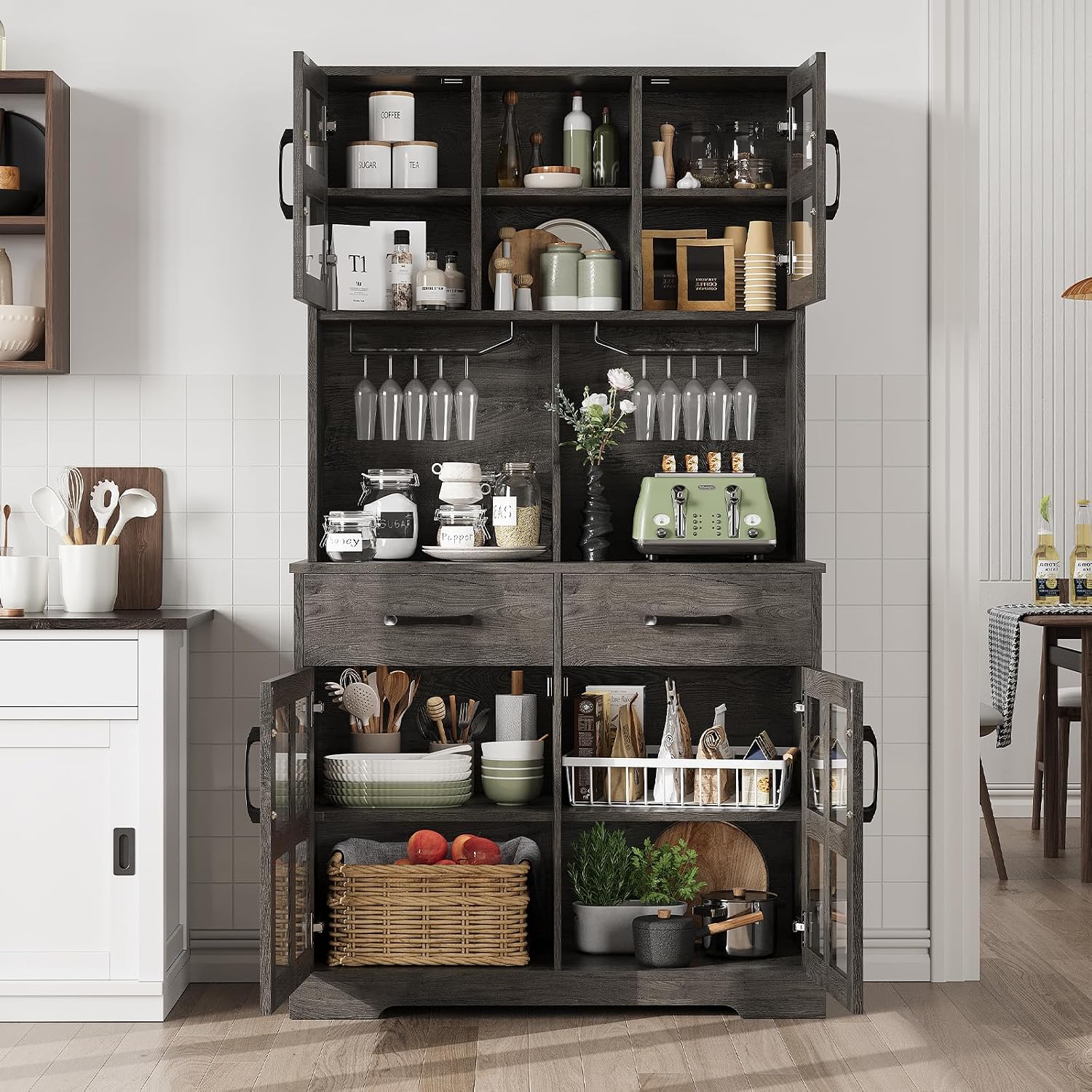 71' Built-in Charging Freestanding Storage Cabinet, Kitchen Storage Bakers Rack with 2-Row Wine Racks, Utility Food Cupboard with Ample Storage for Home, Dark Oak