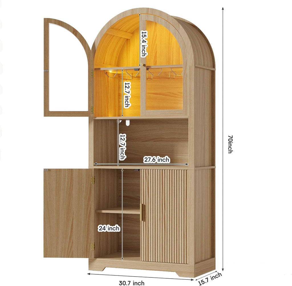 Maupvit 70' Tall Arched Wine Bar Cabinet with LED Light, Fluted Coffee Bar Cabinets with Stemware Rack, Kitchen Pantry Cupboard with Glass Doors, Liquor Cabinet for Home, Dining Room (Nature)