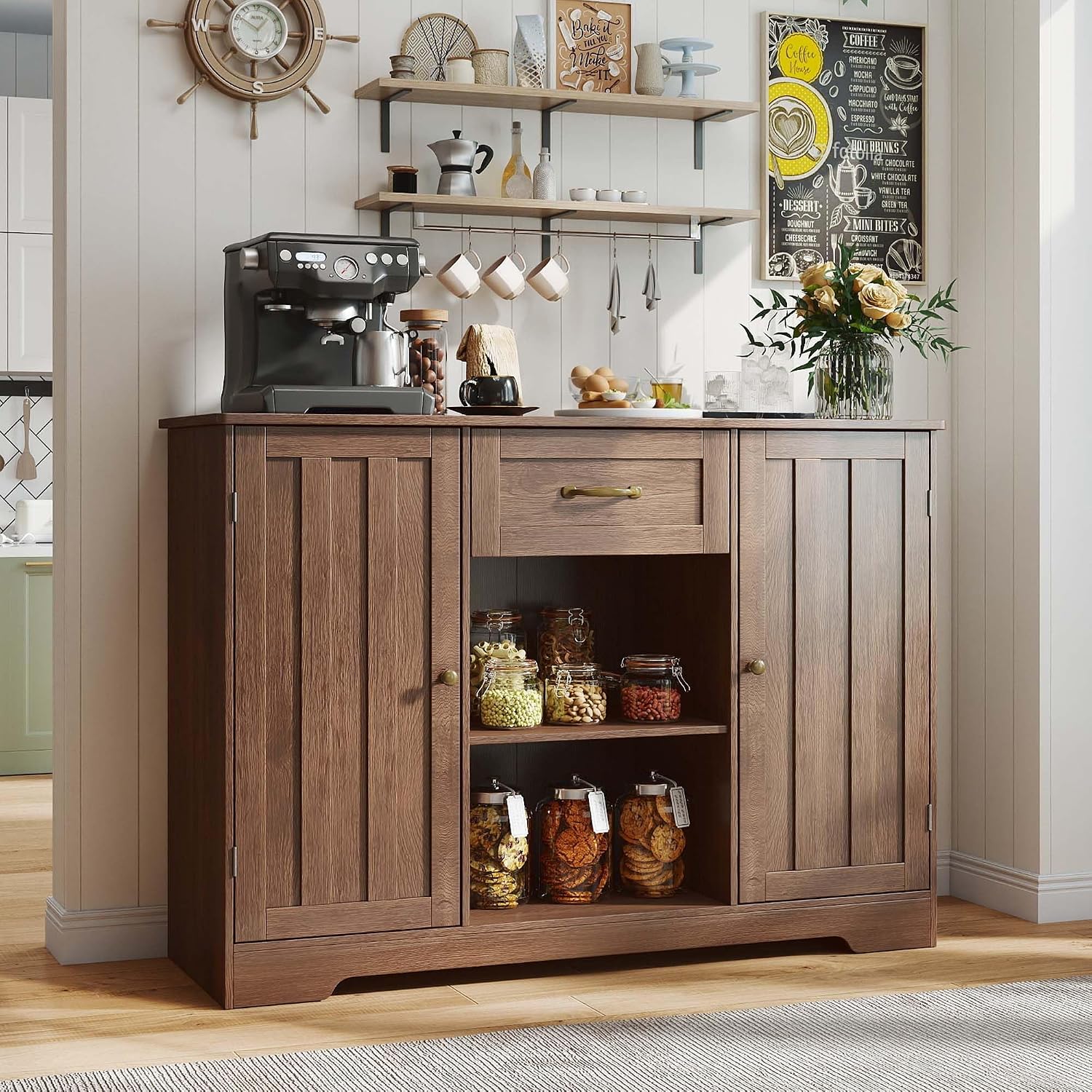 Gizoon 45' Kitchen Sideboard Buffet Cabinet with Storage Coffee Bar Cabinet with Drawer, Kitchen Pantry Storage with Door and Shelves for Bathroom and Living Room, Dark Brown