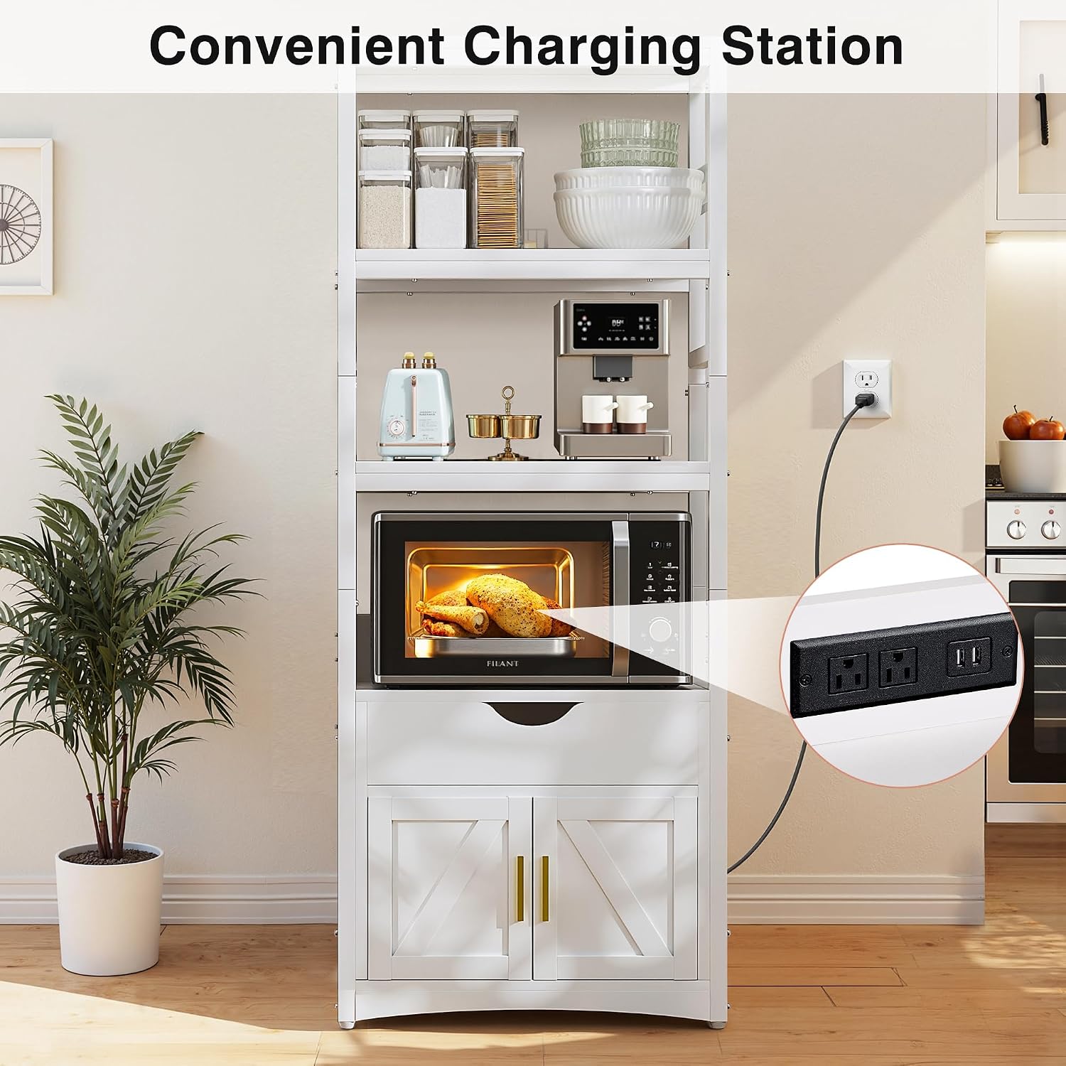 VECELO 3-Tier Microwave Stand with Power Outlet & USB Ports, 15.5' Deep Kitchen Pantry Cabinet, Fits 1.0 Cu.Ft Microwave, Farmhouse Coffee Bar Storage for Kitchen, Bright White