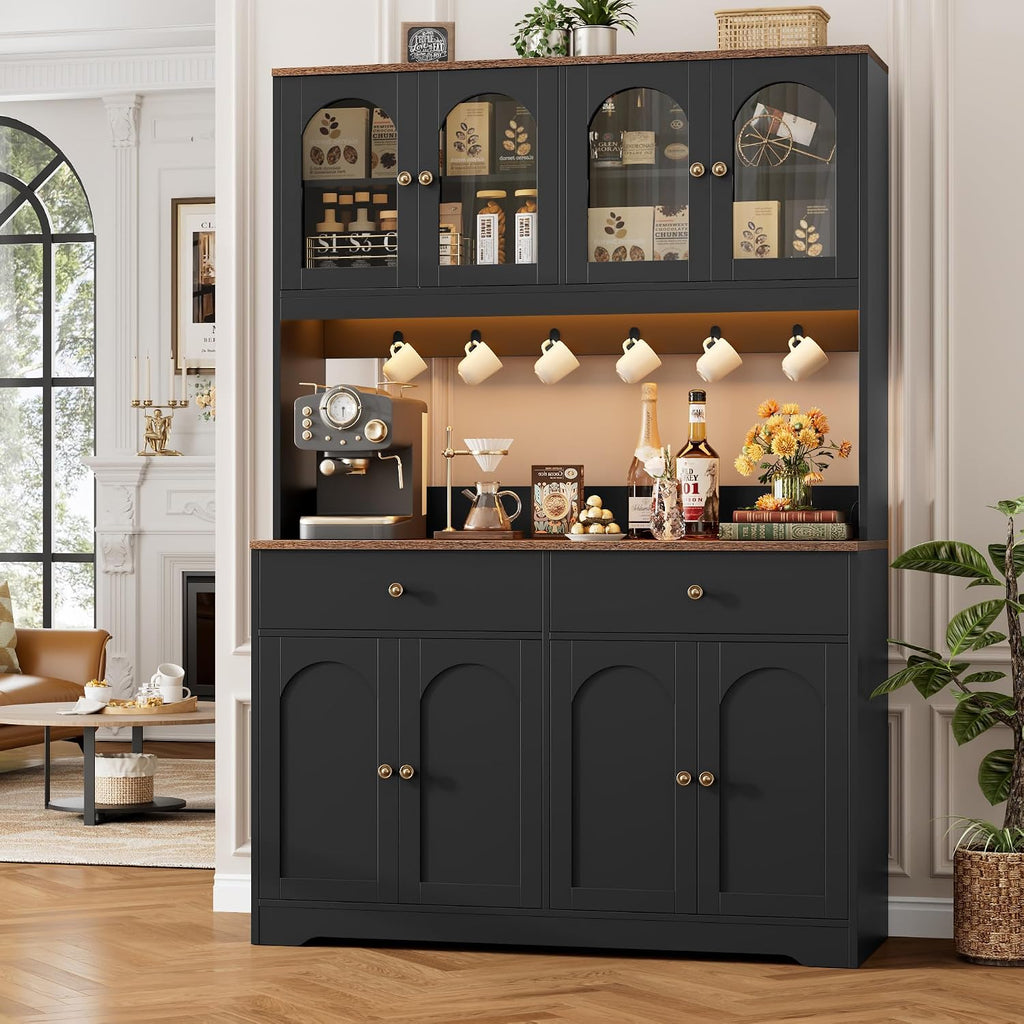 HIFIT 71' LED Kitchen Pantry Cabinet with Power Outlet, Large Kitchen Hutch Cabinet with 2 Storage Drawers & Arched Door, Countertop & Hooks, Tall China Bar for Dining Living Room (Black)