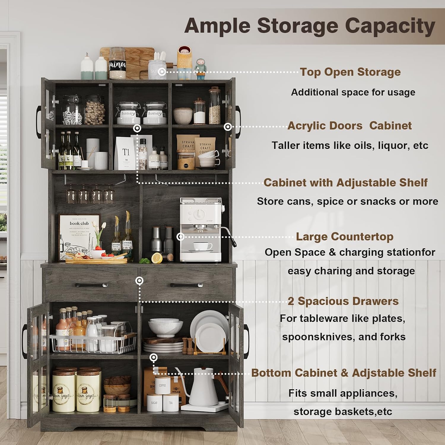 71' MDF Freestanding Storage Cabinet, Kitchen Storage Bakers Rack with 3AC+2USB Charging, Utility Food Cupboard with 2-Row Wine Racks for Kitchen Dining Living Room, Dark Oak
