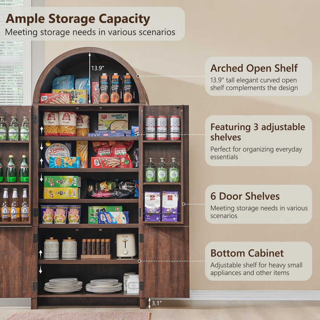 IFGET 71' Tall Arched Kitchen Pantry, Modern Fluted Wood Storage Cabinet with Doors, 3 Adjustable Shelves, 6 Door Shelves, Organizer, Versatile Cupboard for Kitchen, Bathroom, Brown
