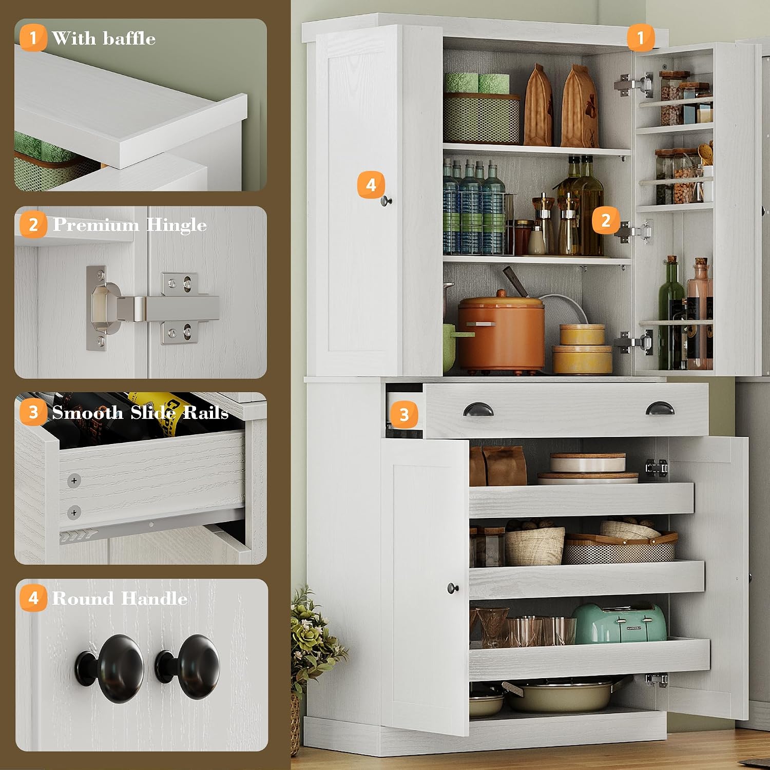 IRONCK Kitchen Pantry Cabinet 72' Height, Freestanding Cupboard with Drawer, Sliding Storage Rack, and 6 Hanging Shelves for Dining Room, Laundry, White