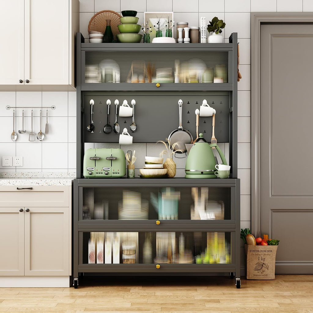 Kitchen Bakers Rack with Wheels, 65' Mobile Storage Cabinet for Living Room with Glass Doors and Pegboard Microwave Stand Coffee Station with Drawers Open Top Shelf for Entryway Dark Gray