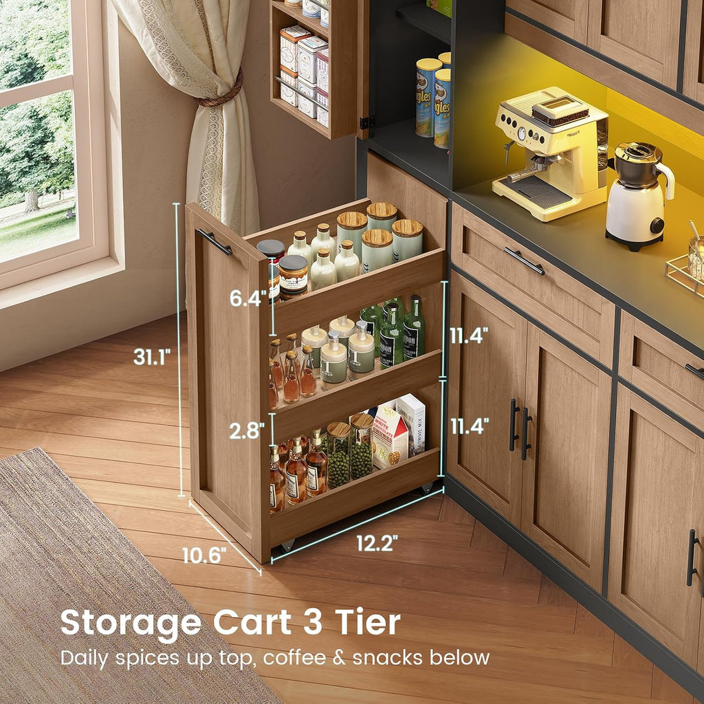 Itaar 71' Kitchen Pantry Cabinet with Charging Station and Led Light, Kitchen Storage Cabinets with Microwave Stand, 59' Wide Pantry Storage Cabinet with Storage Cart 3 Tier for Dining Room, Brown