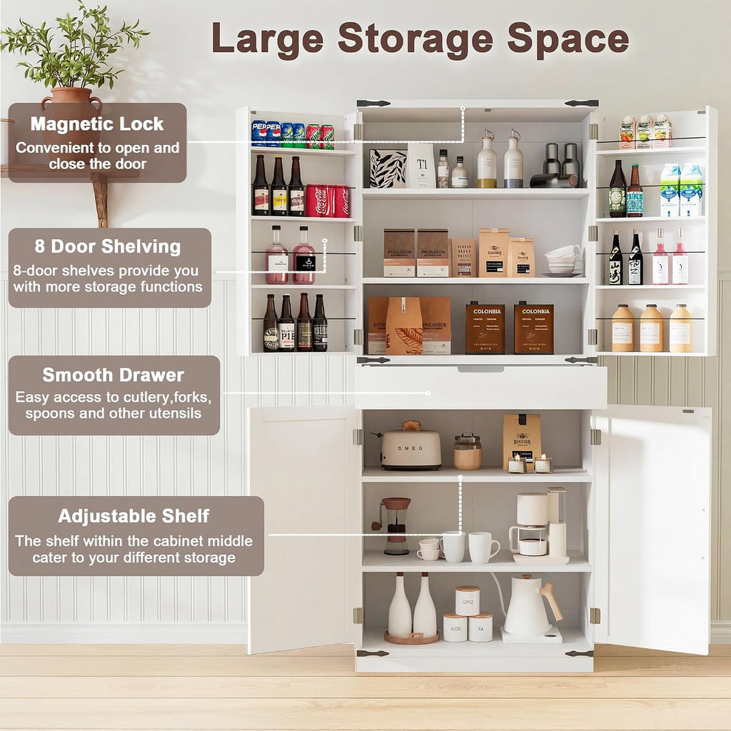 GRUSIGN 72' Kitchen Pantry Storage Cabinet with Doors and Shelves, Wood Farmhouse Pantry Storage with Barn Doors for Kitchen, Dining Room, Living Room