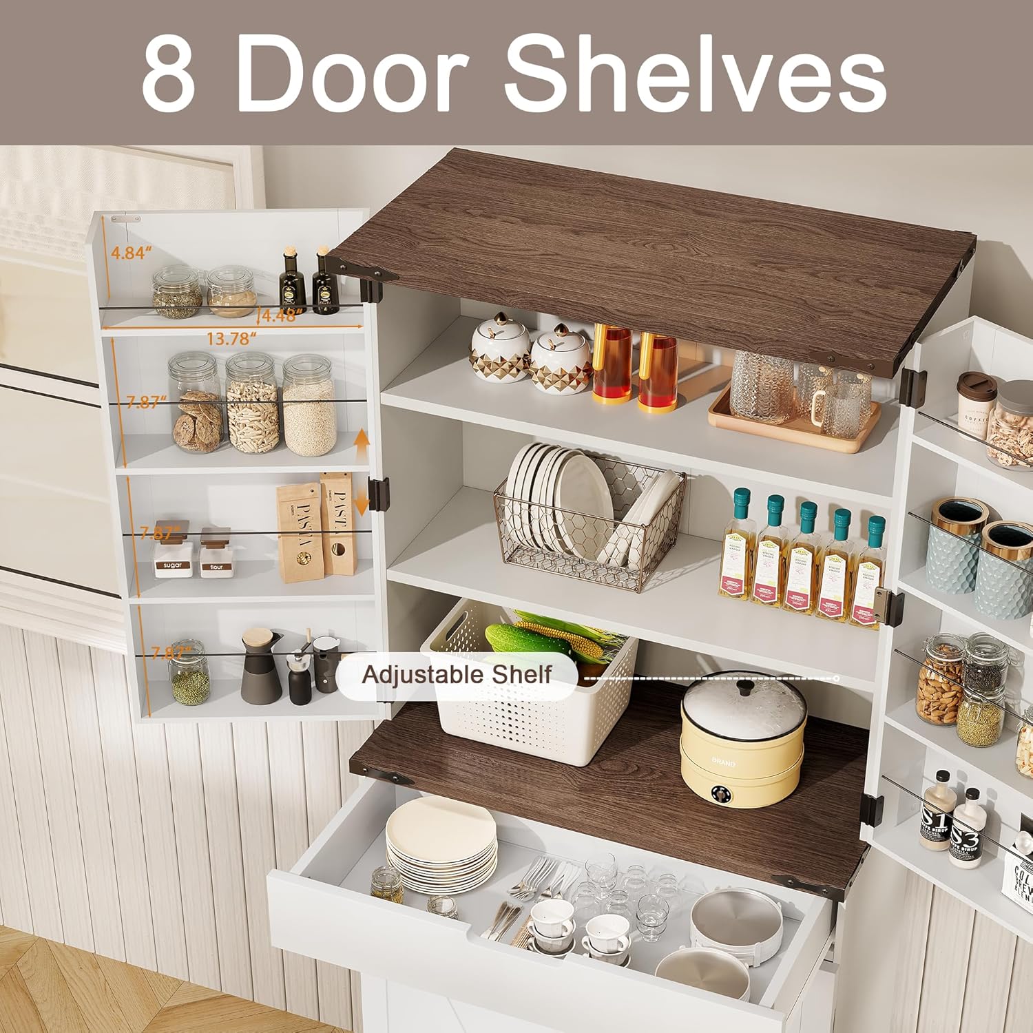 GRUSIGN 72' Kitchen Pantry Storage Cabinet with Doors and Shelves, Wood Farmhouse Pantry Storage with Barn Doors for Kitchen, Dining Room, Living Room