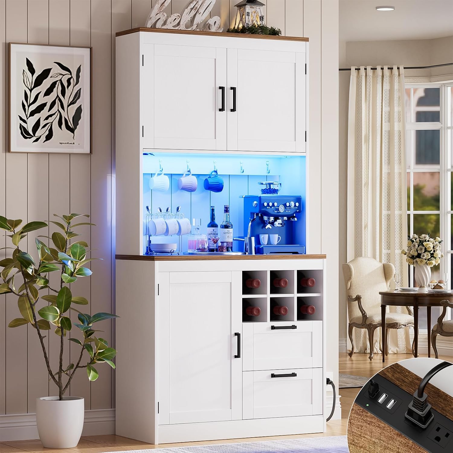 Unikito 72' Tall Pantry Cabinet, Kitchen Pantry Storage Cabinet with LED Light & Outlet, Kitchen Hutch Bar Cabinet with Microwave Stand, Wine Rack, Drawers and Shelves, Cupboard for Dining Room, White