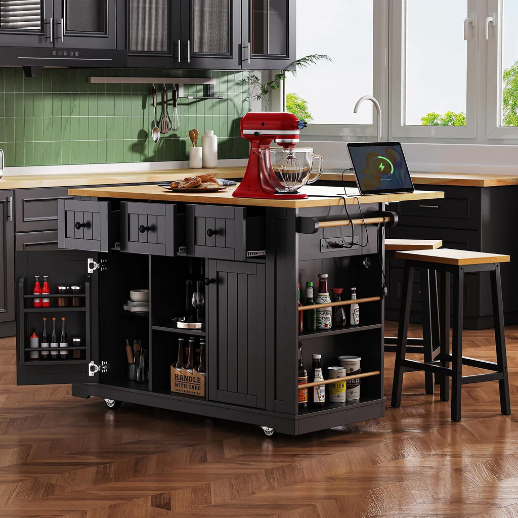 Large Kitchen Island Cart on 5 Wheels with 2 Bar Stools, Power Outlet, 3 Drawers, Kitchen Storage Cart with 5 Open Side Racks, Drop Leaf for Kitchen, Dining Room, Home Bar Black