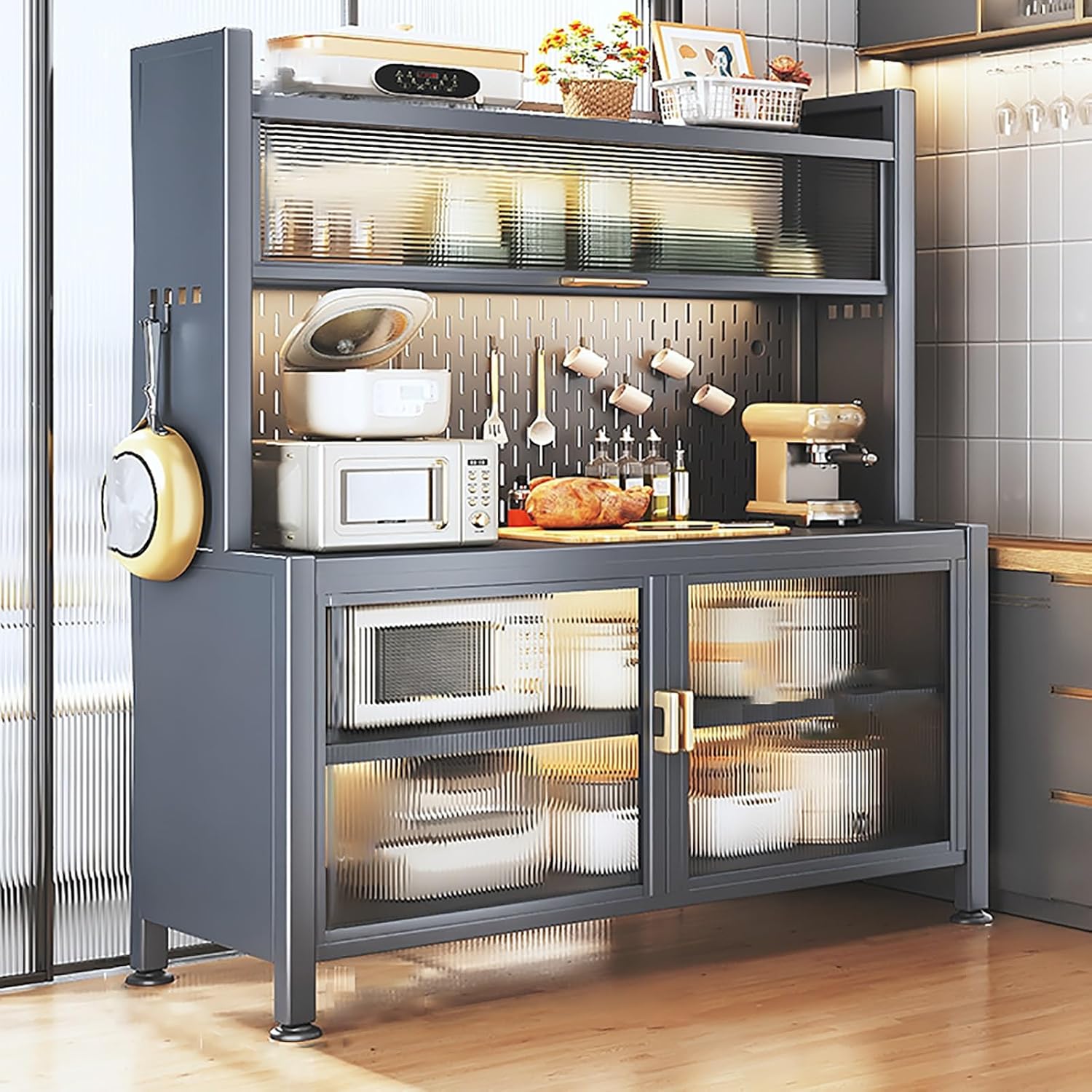 Kitchen Cabinet Storage, Bakers Rack with Power Outlets, 5-Tier Kitchen Storage Shelf, Large Kitchen Storage Shelves with Wheels, for Garage Pantry Kitchen Home (Color : Black, Size : 80cm/31.5in)
