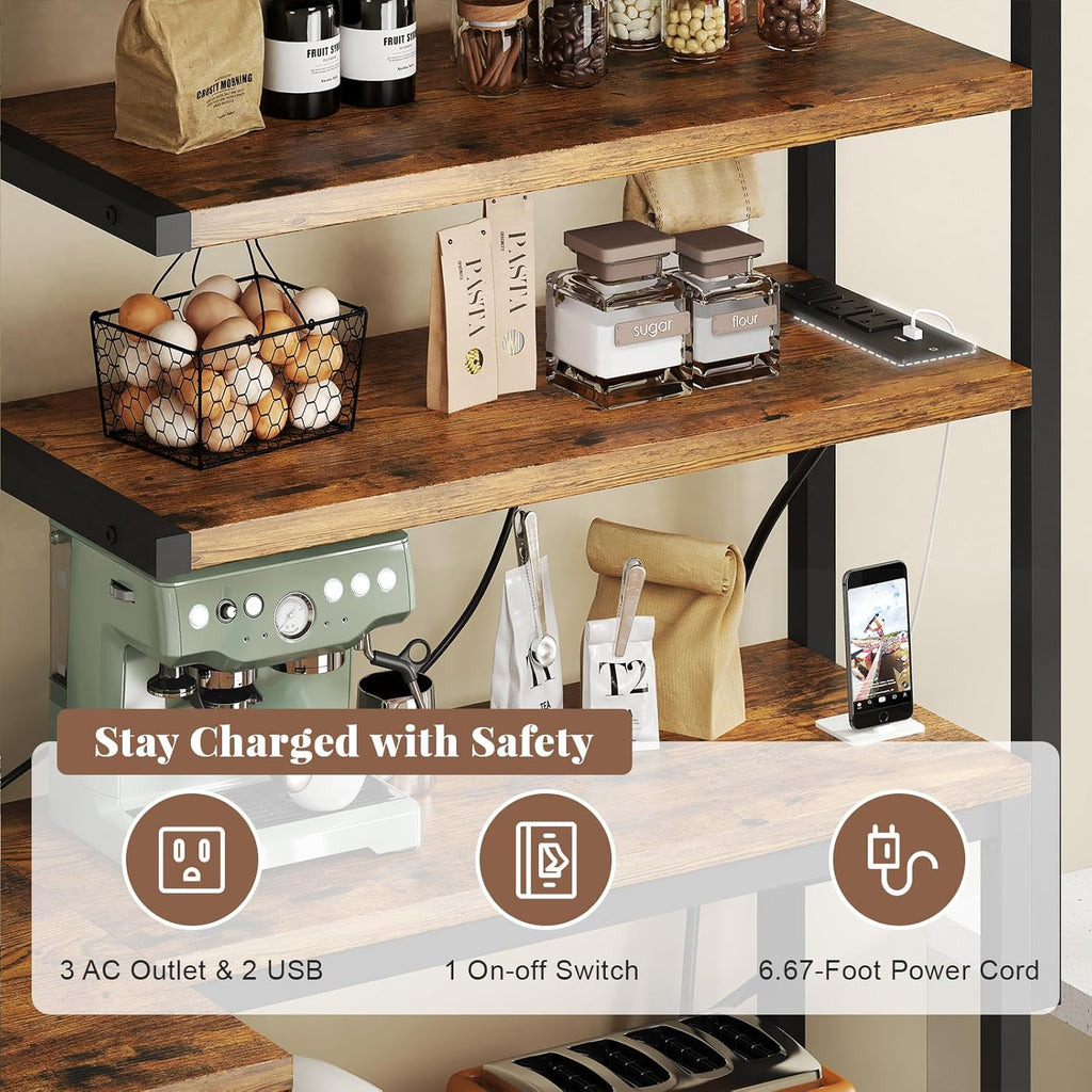L-Shaped Bakers Rack with Power Outlet, 6-Tier Microwave Stand with Open Storage, Kitchen Shelf with Hooks, Coffee Bar with Wire Basket, Rustic Brown and Black