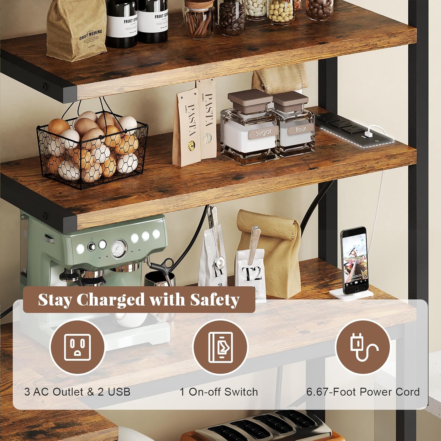 L-Shaped Bakers Rack with Power Outlet, 6-Tier Microwave Stand with Open Storage, Kitchen Shelf with Hooks, Coffee Bar with Wire Basket, Rustic Brown and Black