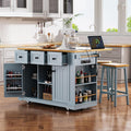 Classic Large Kitchen Island with 2 Bar Stools, Power Outlet,Door Internal Storage Rack, Kitchen Storage Cart on 5 Wheels with Drop Leaf, Used for Home, Dining Room (Grey-Blue/Large)