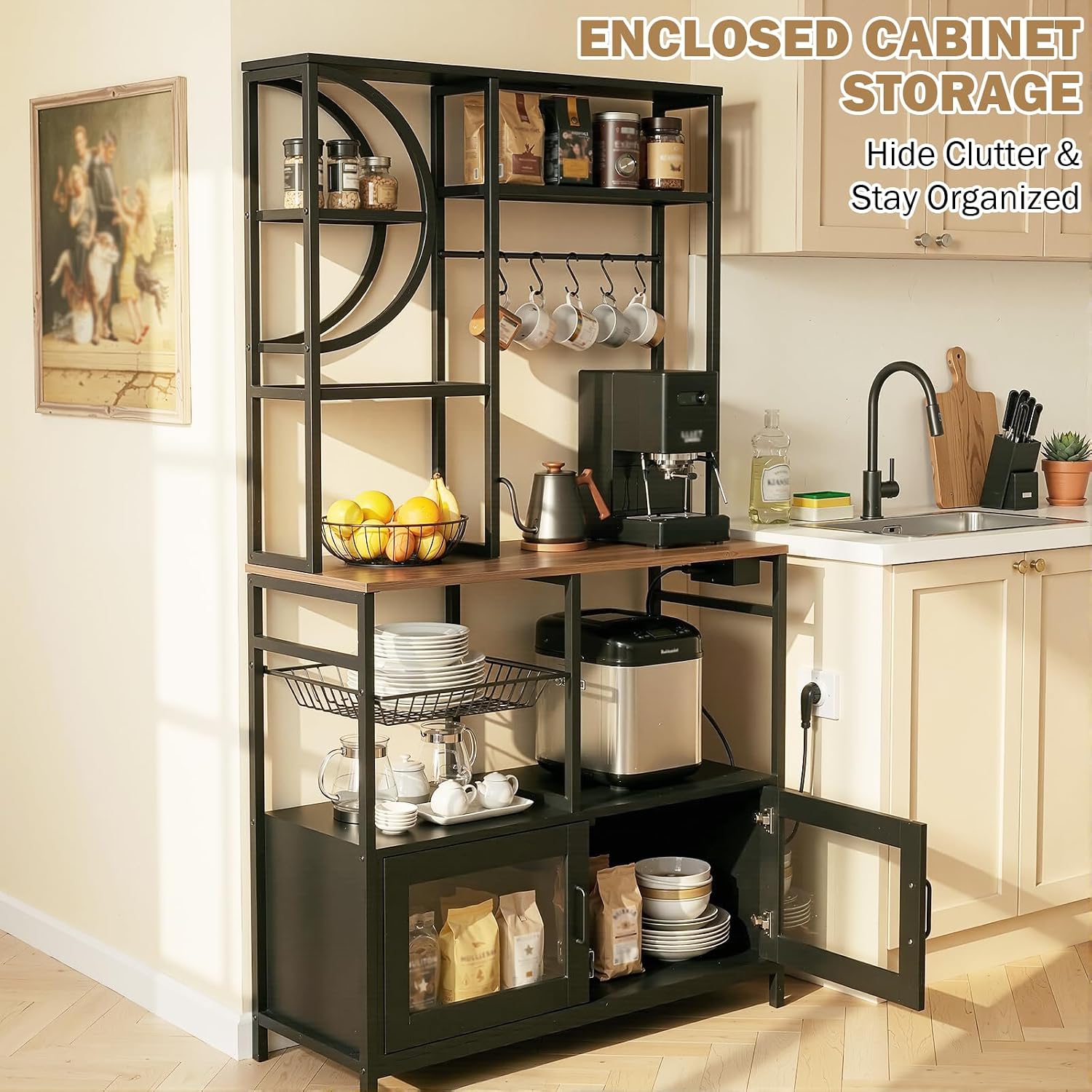 Uieke Bakers Rack with Power Outlet and Storage, Kitchen Bakers Rack with Cabinet & 10 Hooks, Coffee Bar Cabinet, Microwave Stand, 5 Tiers Kitchen Storage Rack for Dining Room & Small Spaces, Black