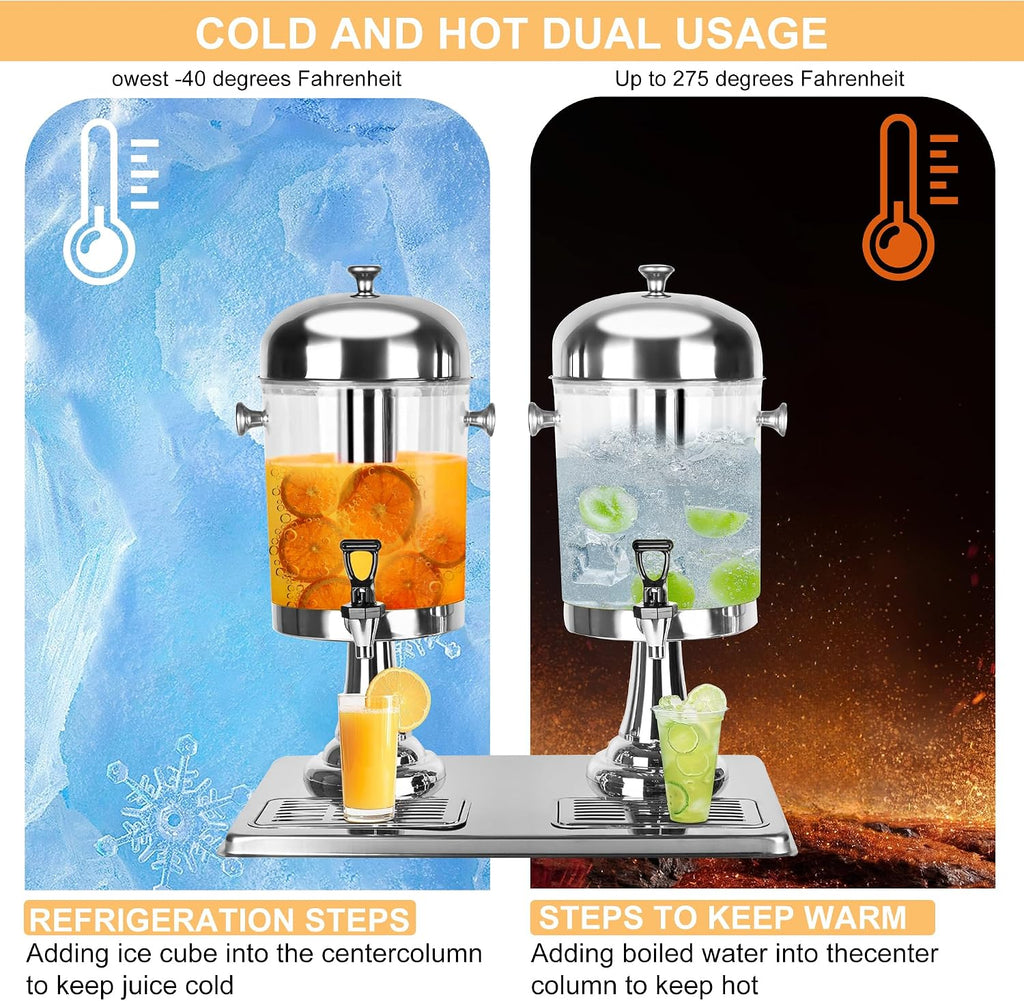 Beverage Dispenser,4.4 Gallon Beverage Dispenser for Parties, Stainless Steel Dual-Head Juice Dispenser with Centre Ice Core and Drip Trays for Parties, Buffet Cafeterias, Homes, Weddings, Events