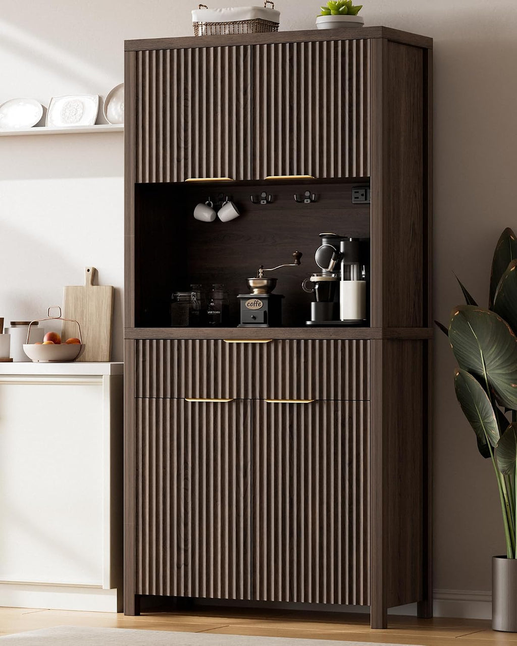 Lulive 71' Fluted Pantry Cabinet with Charging Station & Adjustable Shelves, Spacious Kitchen Storage Cabinet with Open Countertop & Drawer for Dining Room, Living Room, Brown