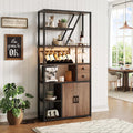 Bakers Rack - Power Outlet & LED Light, Microwave Stand with Storage, Farmhouse Coffee Bar Cabinet Station with Wine Rack, Goblet Holder, and Kitchen Dining Room Use.