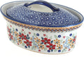 Blue Rose Polish Pottery - Red Daisy Small Oval Covered Baker - 1 QT Capacity - Unique, Dishwasher Safe, & Durable Bakeware
