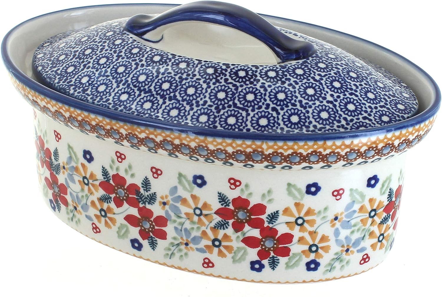 Blue Rose Polish Pottery - Red Daisy Small Oval Covered Baker - 1 QT Capacity - Unique, Dishwasher Safe, & Durable Bakeware