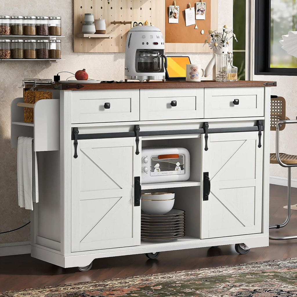 Farmhouse Kitchen Island with Power Outlet, 2 Sliding Barn Door and Drop Leaf, Spice Rack Rolling Kitchen Cart on Wheels for Home and Dining Room (White/P)