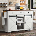 Farmhouse Kitchen Island with Power Outlet, 2 Sliding Barn Door and Drop Leaf, Spice Rack Rolling Kitchen Cart on Wheels for Home and Dining Room (White/P)