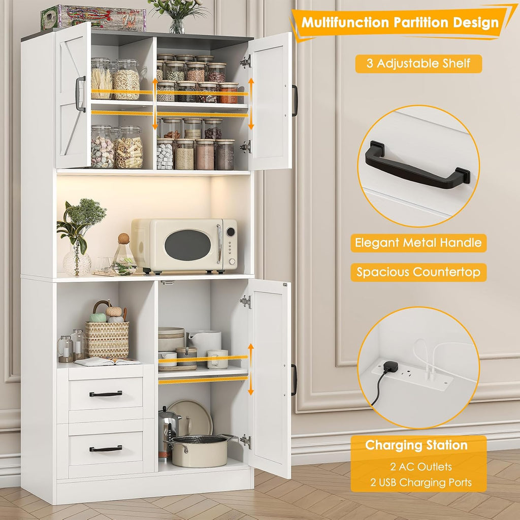 Kitchen Pantry Storage Cabinet with LED Lights and Power Strip, Tall Farmhouse Kitchen Pantry with Barn Doors and Drawers, Adjustable Shelves for Dining Living Room (White)