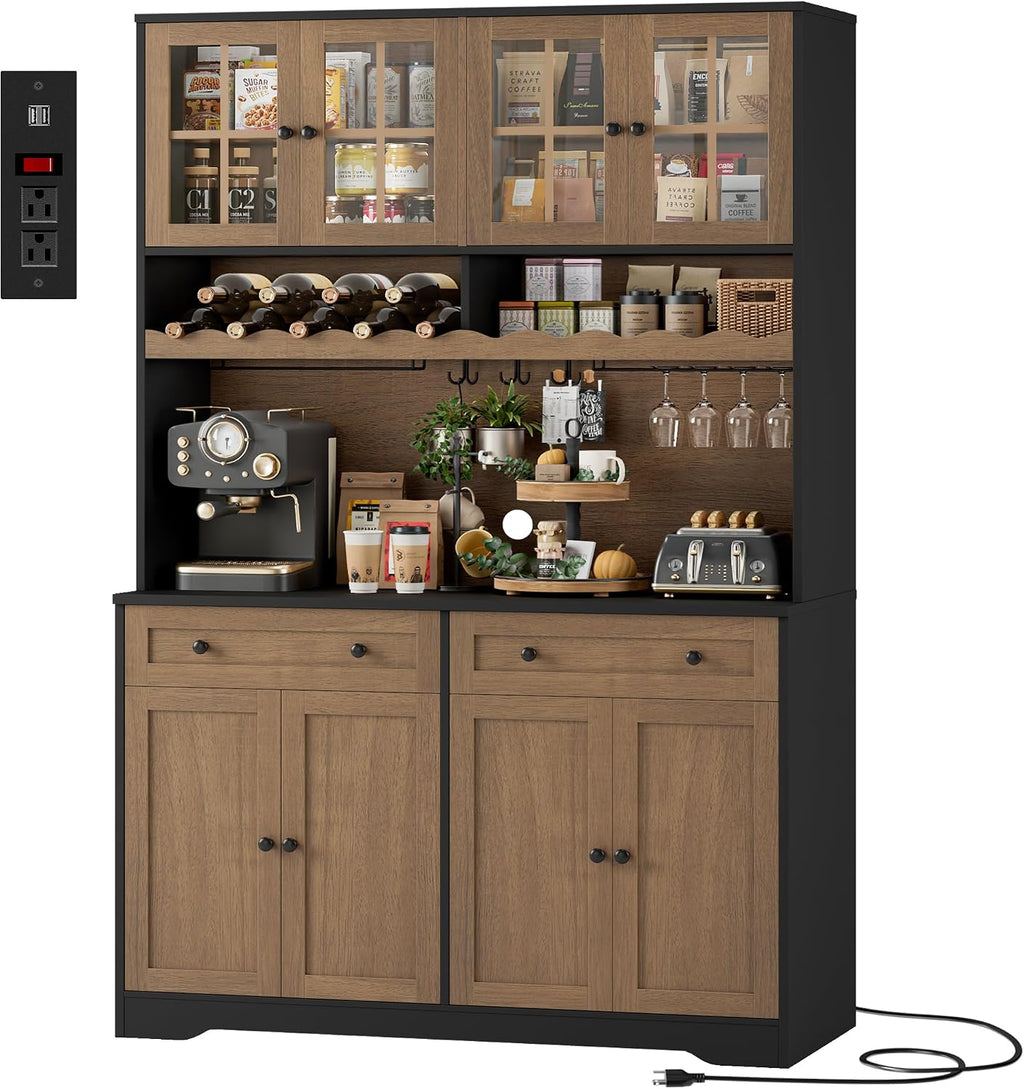 HOSTACK 75.4' Tall Kitchen Pantry Cabinet with Charging Station, Modern White Kitchen Hutch with Microwave Stand and Wine Rack, Large Food Pantry Storage Cabinet with Glass Doors and Drawers, Brown