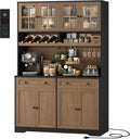 HOSTACK 75.4' Tall Kitchen Pantry Cabinet with Charging Station, Modern White Kitchen Hutch with Microwave Stand and Wine Rack, Large Food Pantry Storage Cabinet with Glass Doors and Drawers, Brown