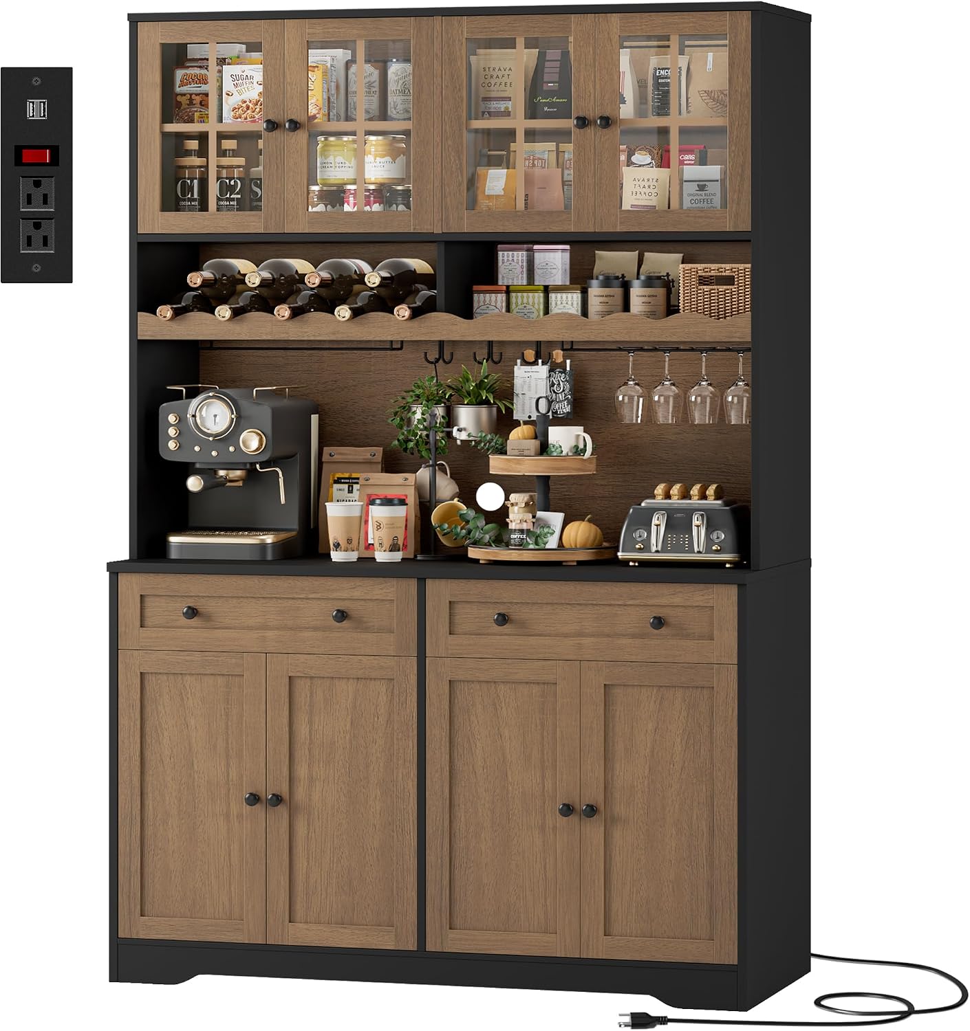 HOSTACK 75.4' Tall Kitchen Pantry Cabinet with Charging Station, Modern White Kitchen Hutch with Microwave Stand and Wine Rack, Large Food Pantry Storage Cabinet with Glass Doors and Drawers, Brown