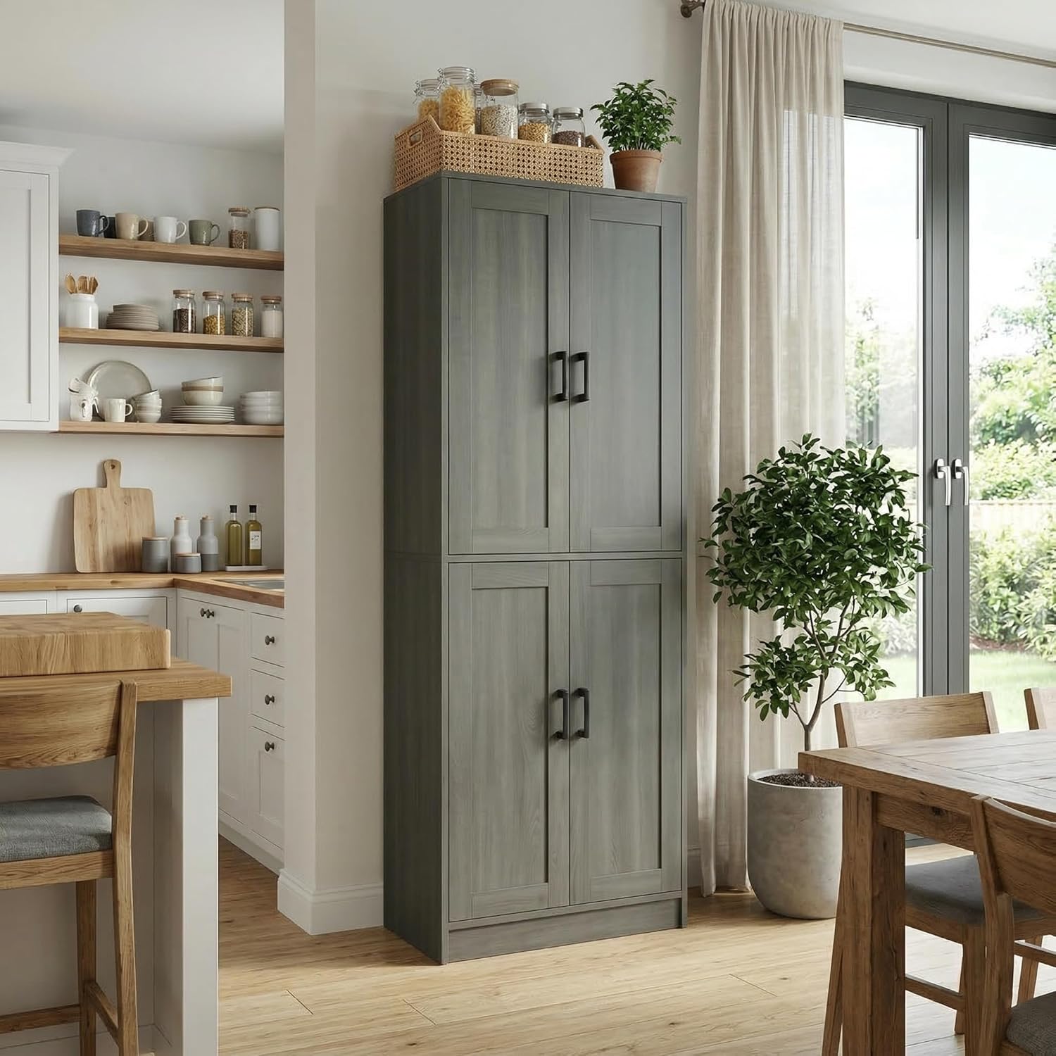 DIYART 71' Tall Kitchen Pantry Cabinet, Freestanding Food Storage Organizer with Doors & Adjustable Shelves, Large Utility Hutch Cupboard for Dining Room, Kitchen & Home Office, Dark Grey