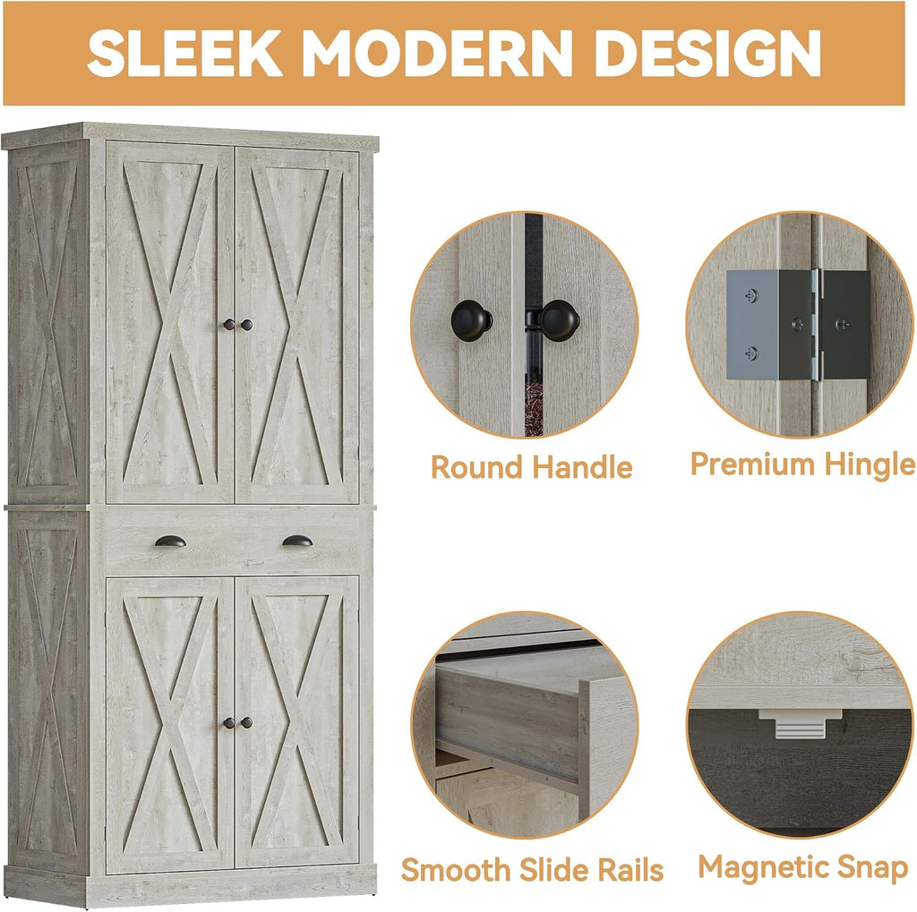 IRONCK Kitchen Pantry Storage Cabinet 72.6' H, with Barn Doors, Drawer, 4 Adjustable Shelves, Freestanding Cupboard for Dining Room Living Room, Laundry, Rustic Maple