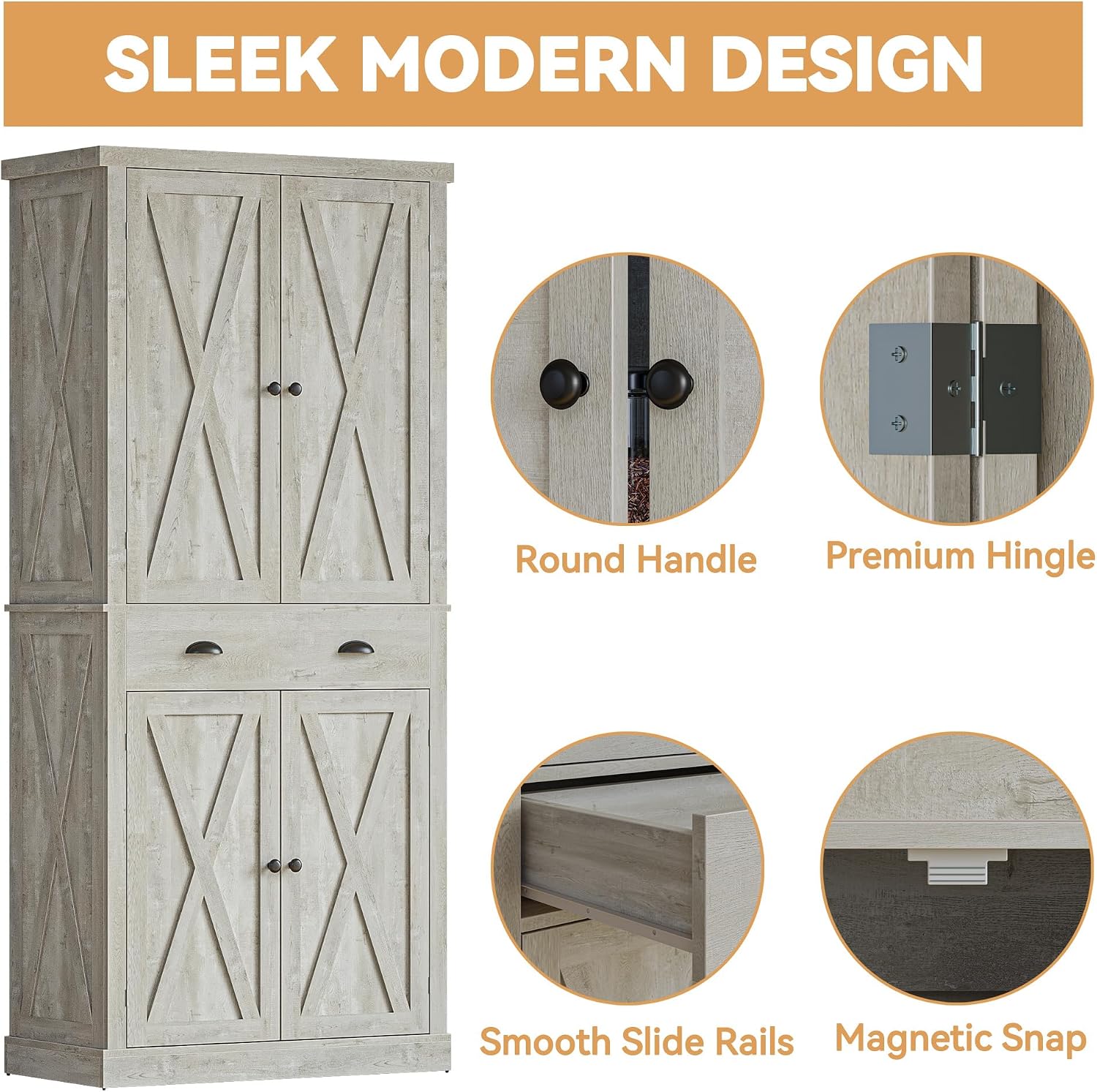 IRONCK Kitchen Pantry Storage Cabinet 72.6' H, with Barn Doors, Drawer, 4 Adjustable Shelves, Freestanding Cupboard for Dining Room Living Room, Laundry, Rustic Maple