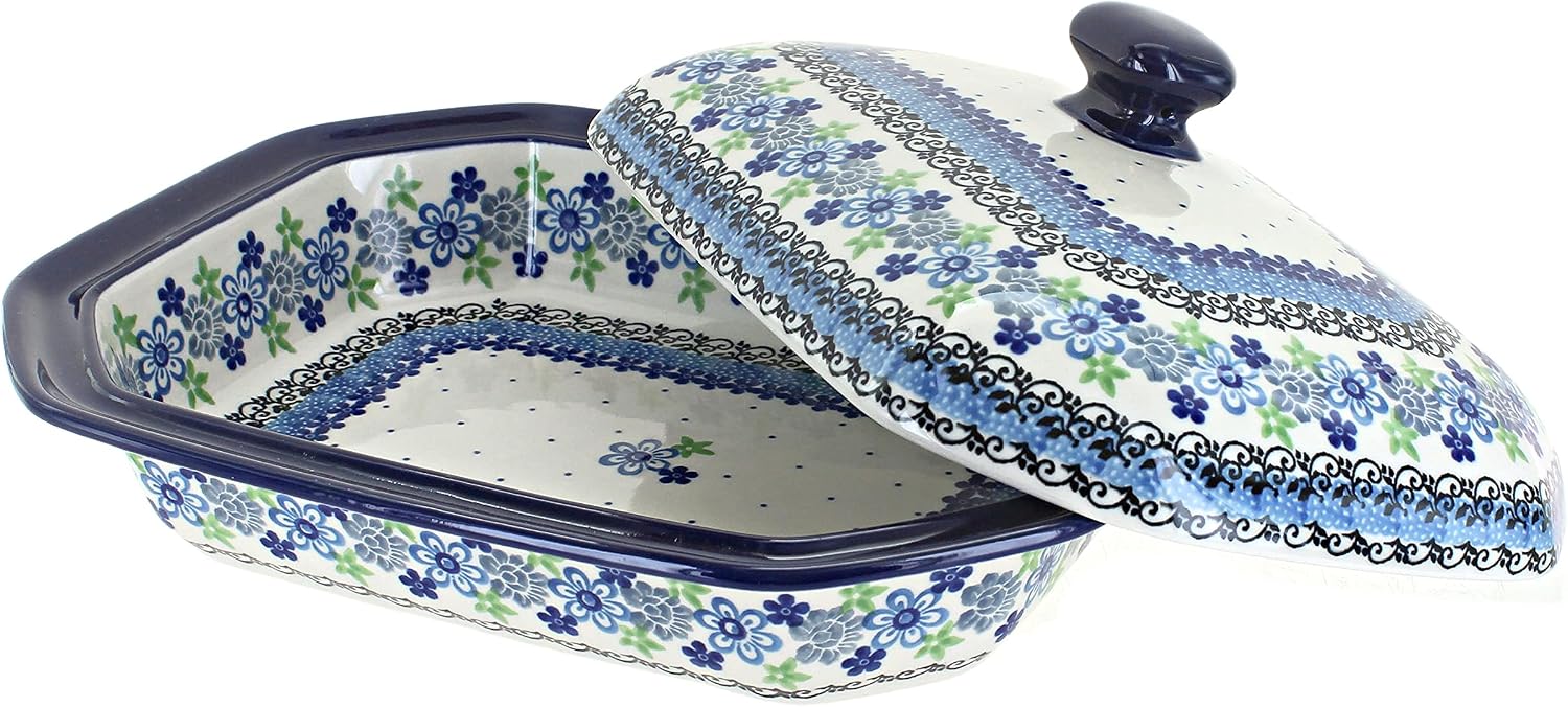 Blue Rose Polish Pottery - Blue Eliza Medium Covered Baker - 3 Cup Capcaity - Unique, Dishwasher Safe, & Durable Bakeware