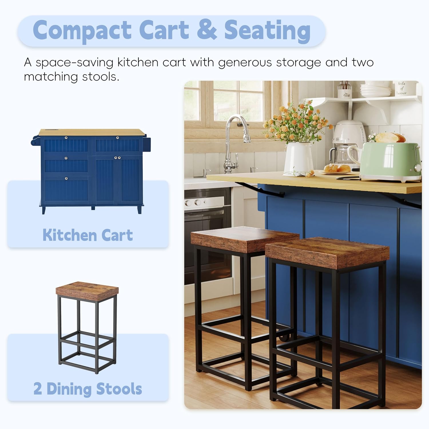 Farmhouse Kitchen Island with Drop Leaf and 2 Seatings, Kitchen Table Set with Storage Cabinet, Drawers, Door Shelves and Power Outlet Blue+Black+Brown