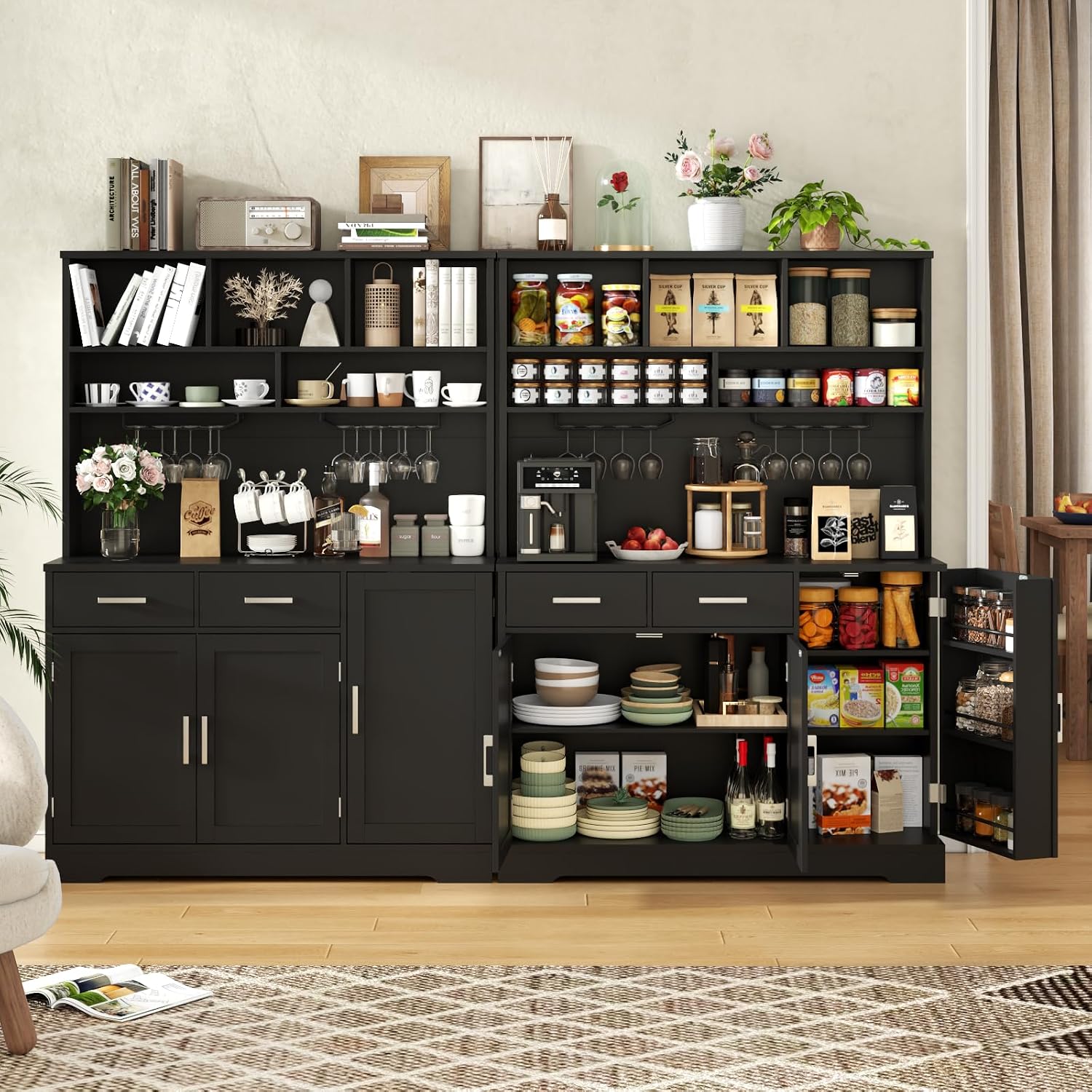Tall Pantry Cabinet, Modern Kitchen Hutch with Microwave Stand, Kitchen Pantry Storage Cabinet with 2 Darwers & Door Shelf, Food Pantry with Goblet Holders & Adjustable Shelves for Dining Room, Black