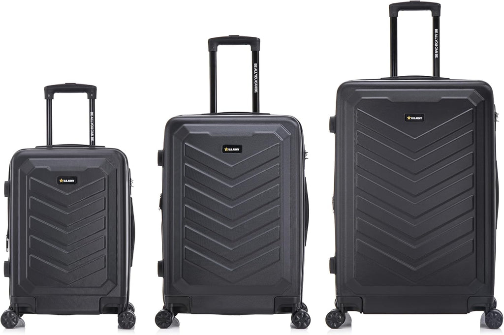 US ARMY Fox Pro 3 Pcs Set Expandable Suitcase with TSA Lock | 20, 24, 28 inch Lightweight Hardshell Luggage with Spinner Wheels, Chevron Icon, Gel Handle, Retractable Trolley, Side Studs | Black