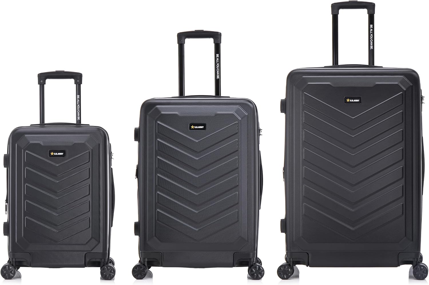 US ARMY Fox Pro 3 Pcs Set Expandable Suitcase with TSA Lock | 20, 24, 28 inch Lightweight Hardshell Luggage with Spinner Wheels, Chevron Icon, Gel Handle, Retractable Trolley, Side Studs | Black