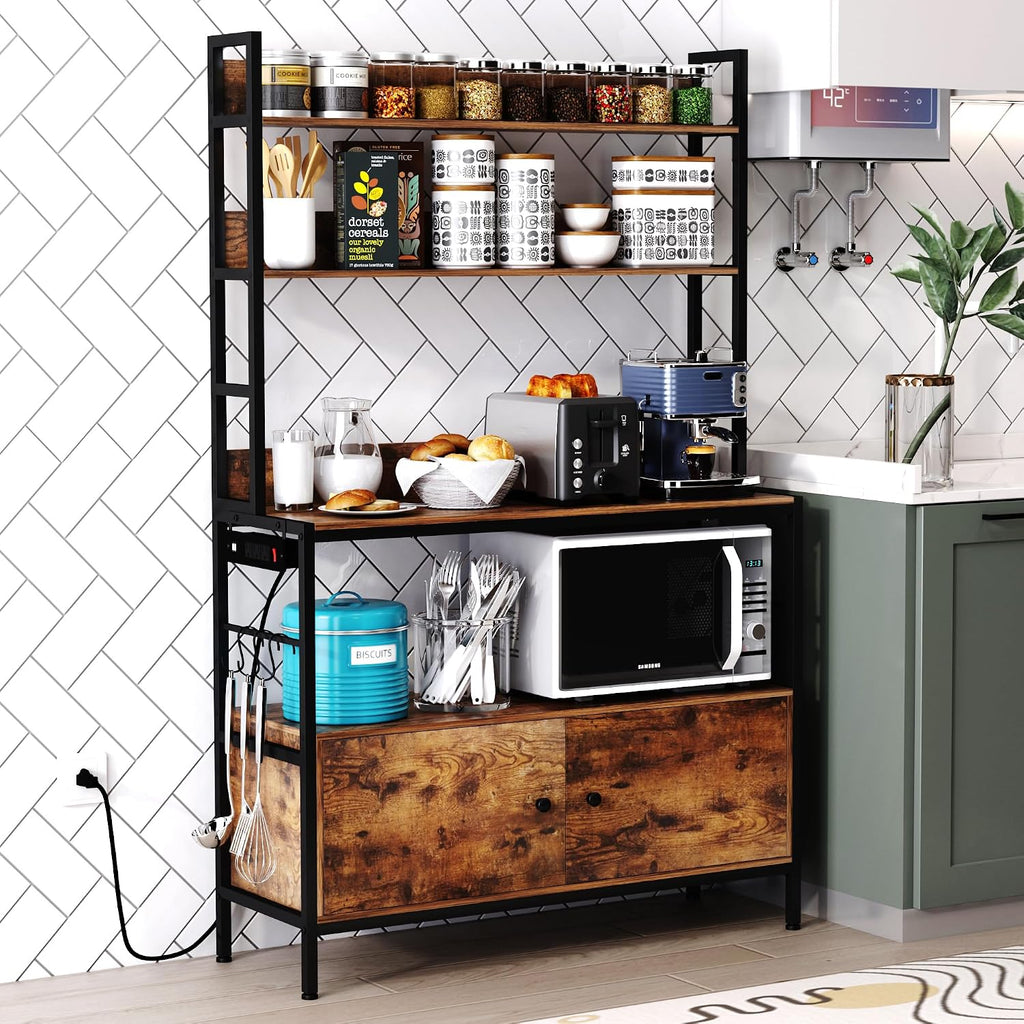 5-Tier Kitchen Bakers Rack with Power Outlet,Industrial Microwave Oven Stand, Utility Storage Shelf,Free Standing Kitchen Utility Cart Storage Shelf Organizer with Hooks