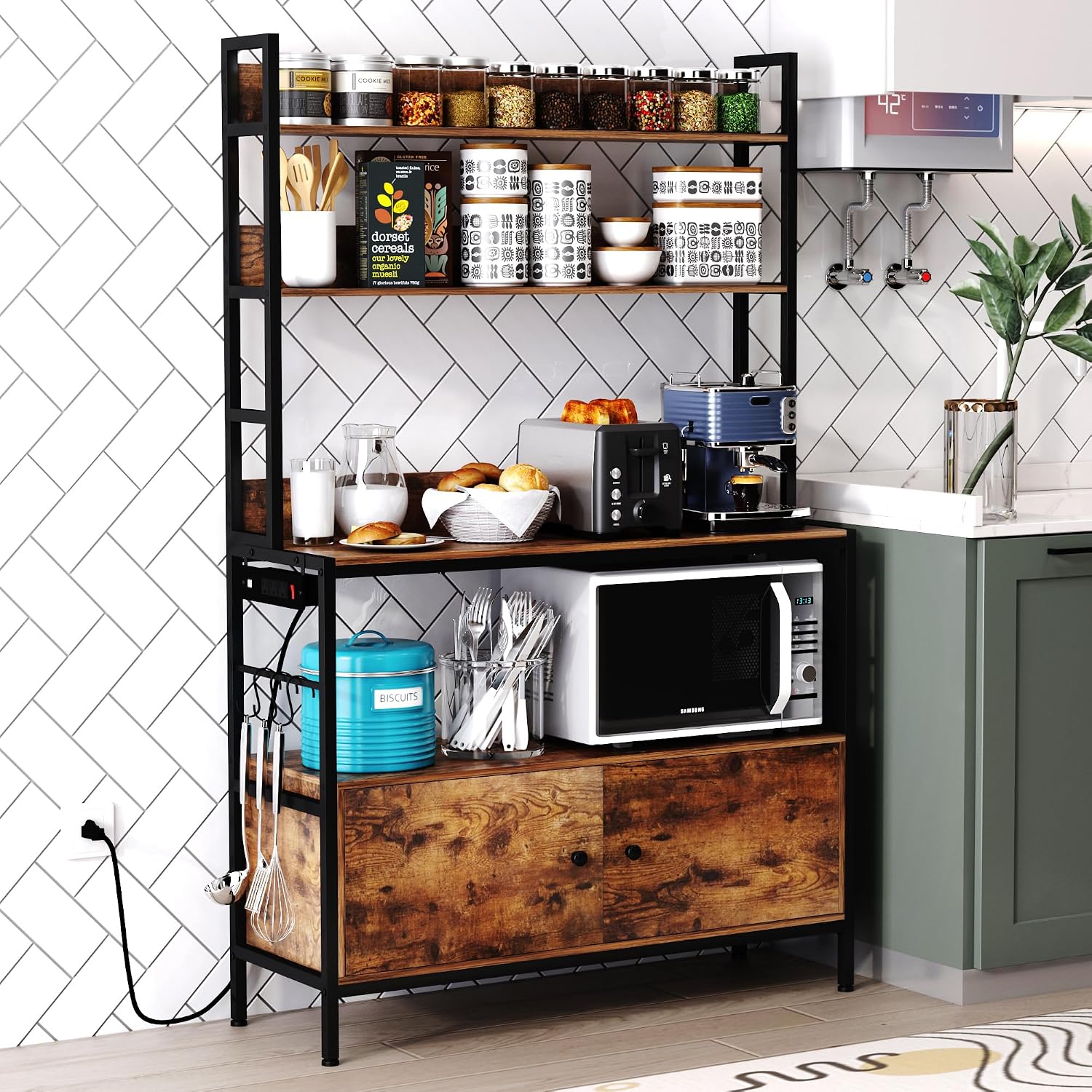 5-Tier Kitchen Bakers Rack with Power Outlet,Industrial Microwave Oven Stand, Utility Storage Shelf,Free Standing Kitchen Utility Cart Storage Shelf Organizer with Hooks