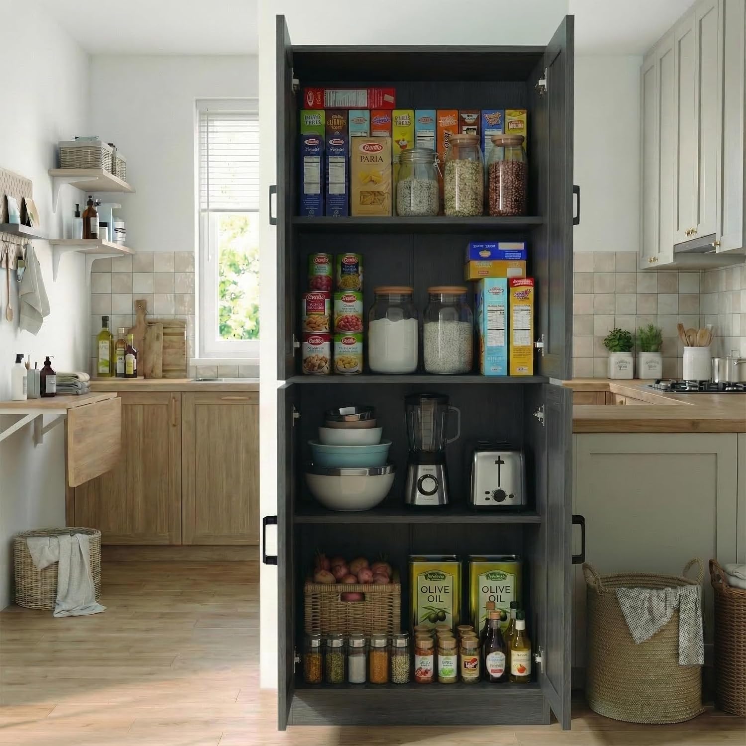 DIYART 71' Tall Kitchen Pantry Cabinet, Freestanding Food Storage Organizer with Doors & Adjustable Shelves, Large Utility Hutch Cupboard for Dining Room, Kitchen & Home Office, Dark Grey